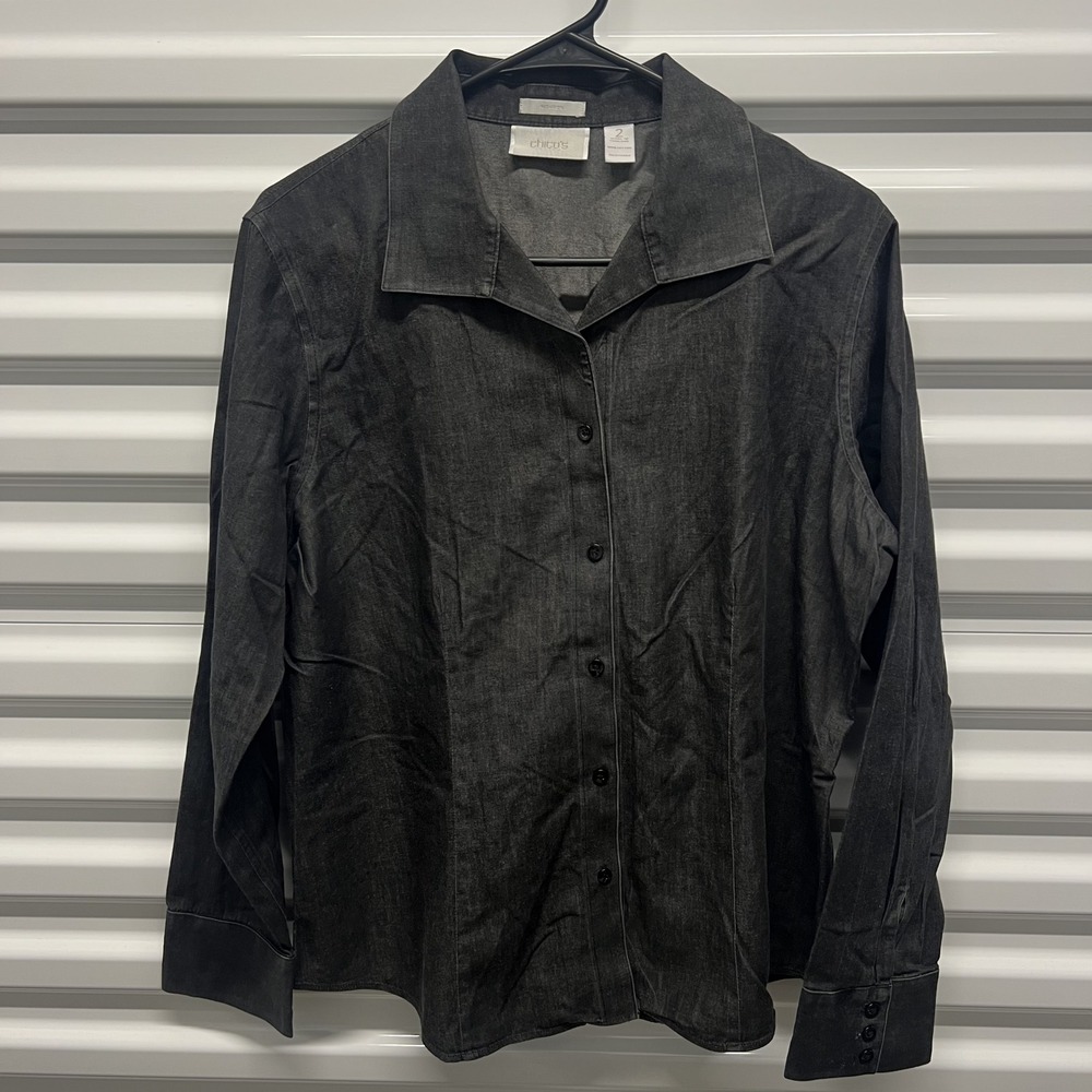 Chico's‎ Womens Button Down Shirt Size 2 Large Black Cotton No Iron Denim Blouse
